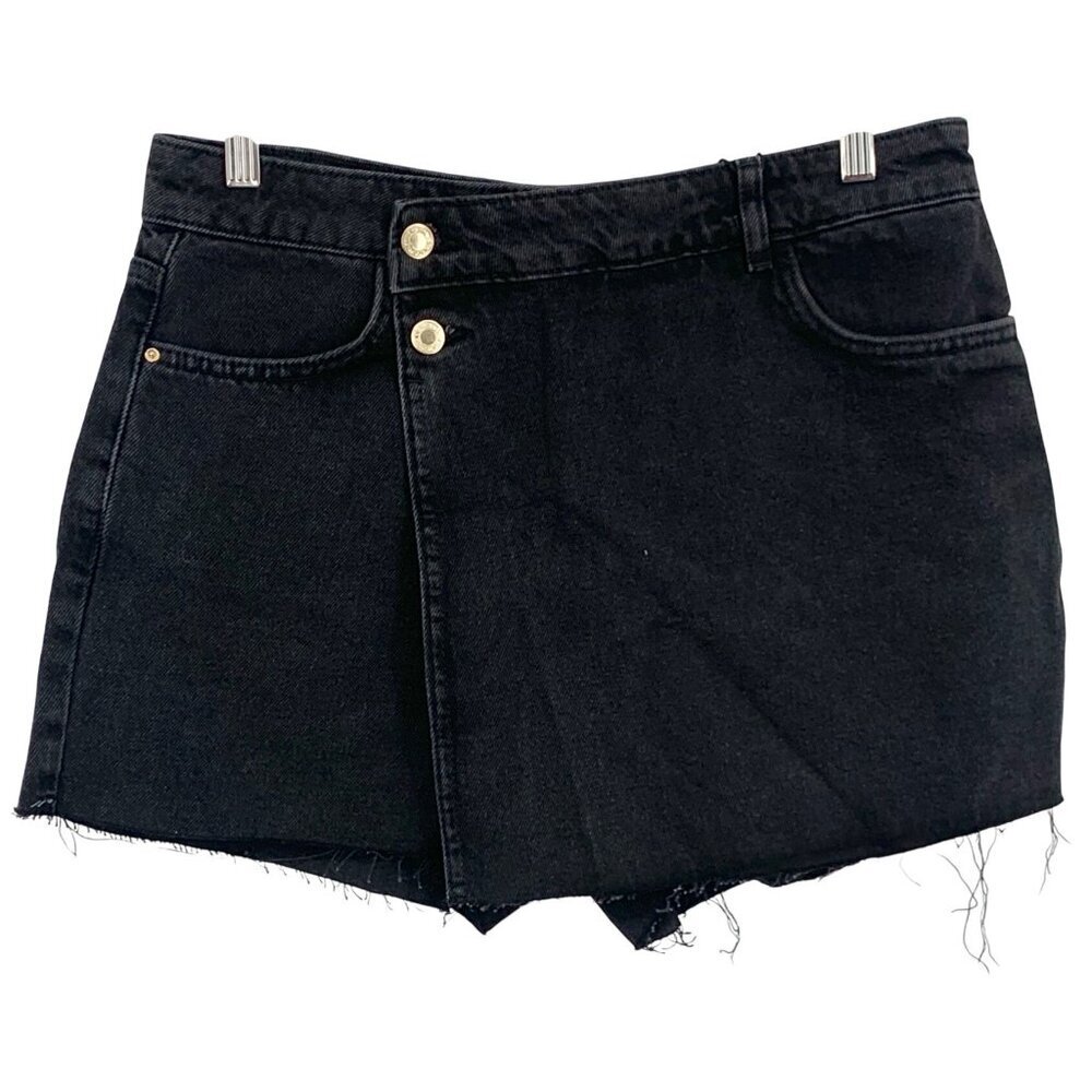 Zara Size Large L Black Denim Skort Fray Hem Gold Button Jean Short NWT New